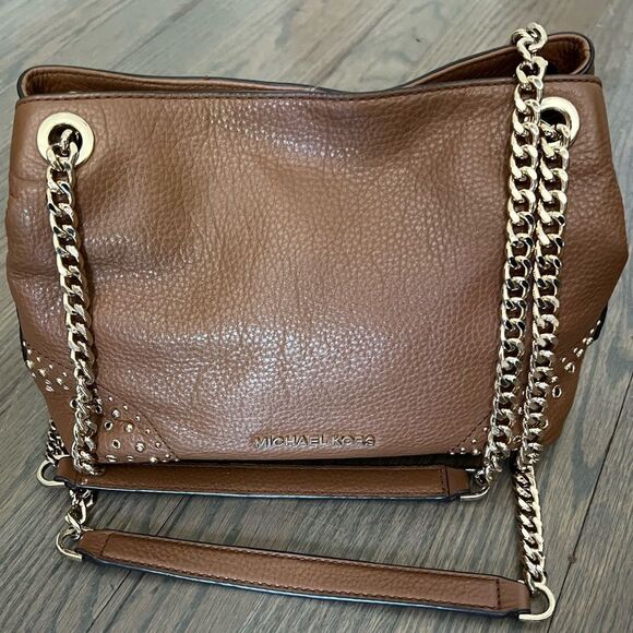 Michael Kors Saddle Brown Leather Gold Studded Chain Handbag - Picture 1 of 12